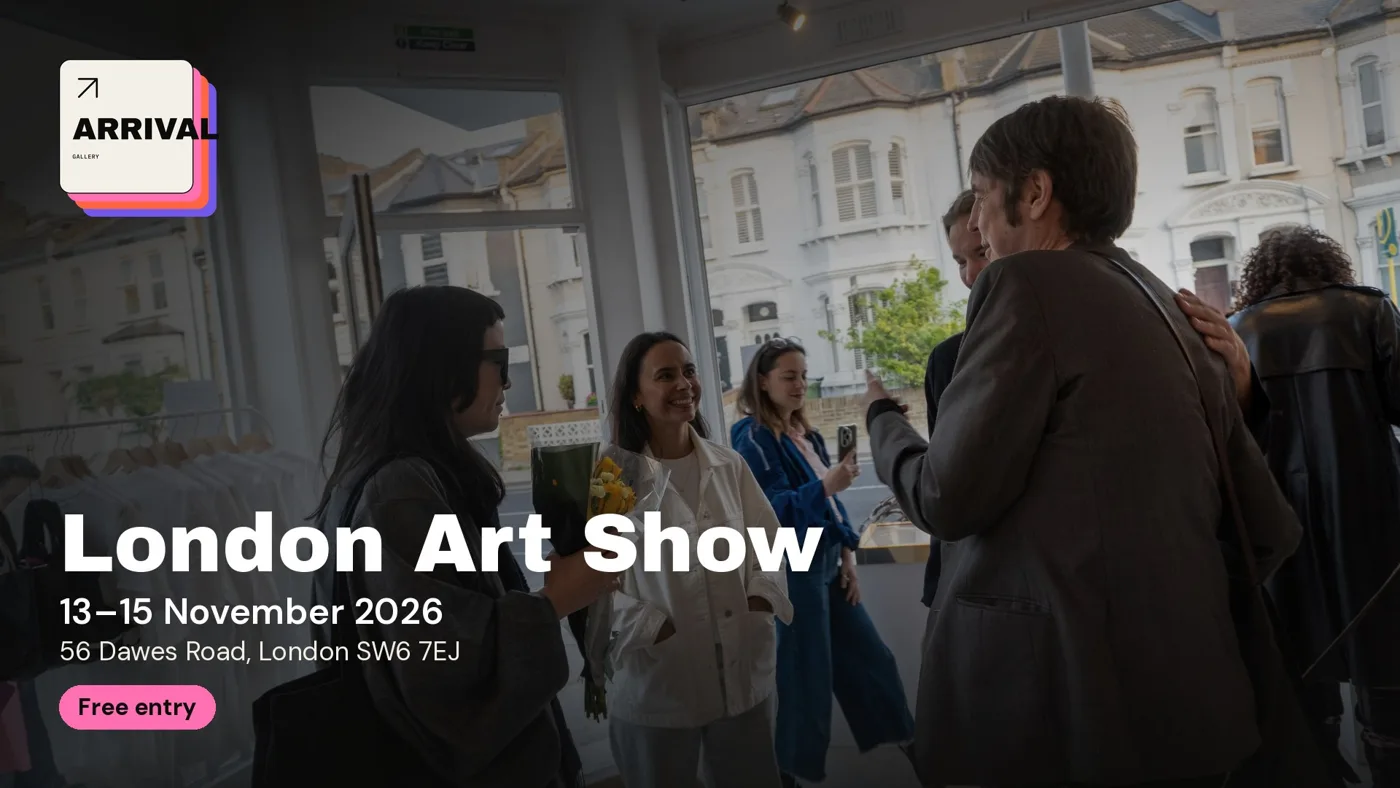 Guests talking in ARRIVAL Gallery on Dawes Road, with the show's dates and address over the picture