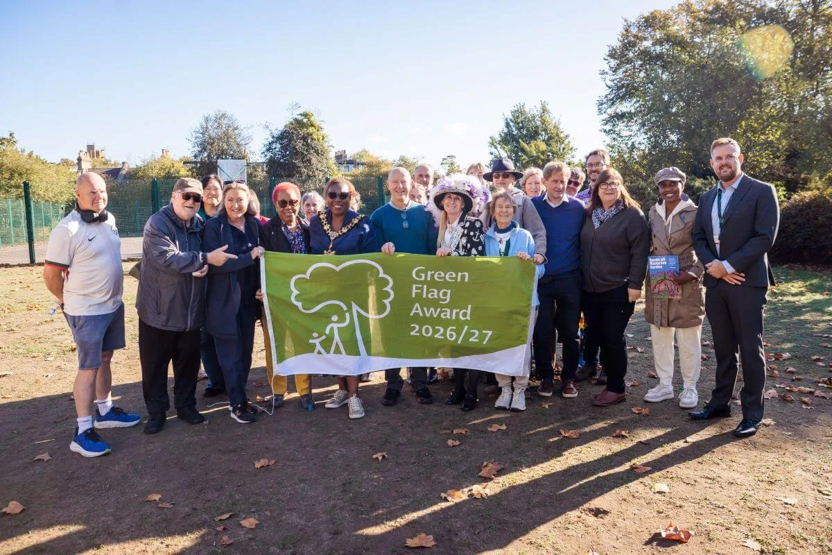 Friends of Lillie Road Rec, residents, councillors and the Mayor of Hammersmith and Fulham with the Green Flag at the recreation ground