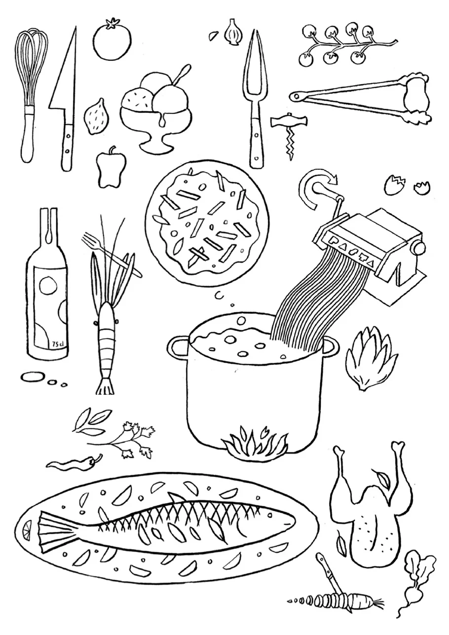 A black and white colouring sheet of kitchen drawings: a whisk, knives, a pasta machine feeding spaghetti into a boiling pot, a pizza, a bottle, a prawn, an ice cream bowl, a fish on a platter and a roast chicken