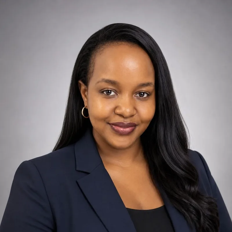 Lucyann Muli, in a dark blazer, smiling against a grey background